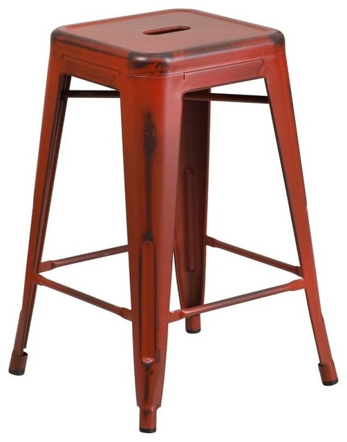 Bowery Hill 24 Industrial Metal Counter Stool In Distressed Kelly Red