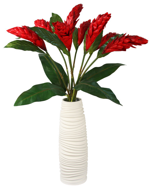 Hawaii Silk Floral Arrangements with Red Heliconia's in a White Vase