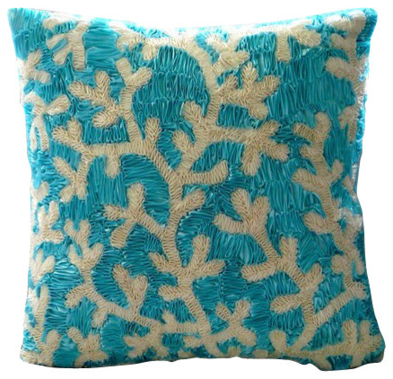 Aqua Ornate Decorative Blue Silk Throw Pillow Cover, 12x12 - Tropical - Decorative Pillows - by ...