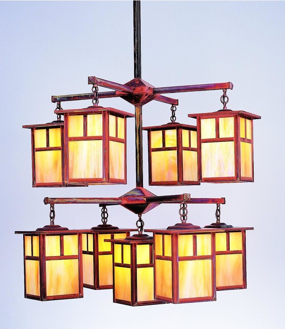 Mission 9 Light 32in Chandelier in Bronze w/ Almond Mica glass & None