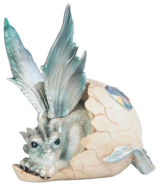 5 Inch Baby Dragon Resting in Eggshell with Gem Figurine Contemporary