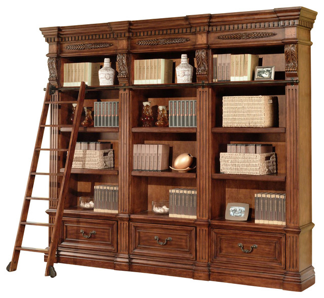 Grand Manor Granada 3Piece Museum Bookcase With Ladder, Vintage Walnut