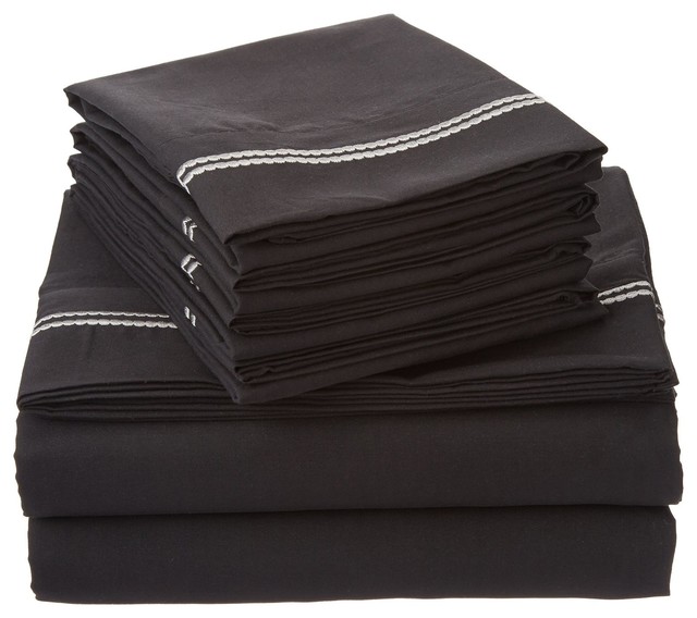 Executive 2 Line Embroidery 6 Piece Sheet Set, Twin, Black Grey