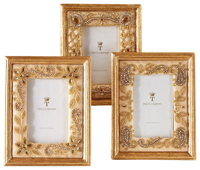 Brocante Set of 3 Gold Frames Bead Embroidery 4 x 6