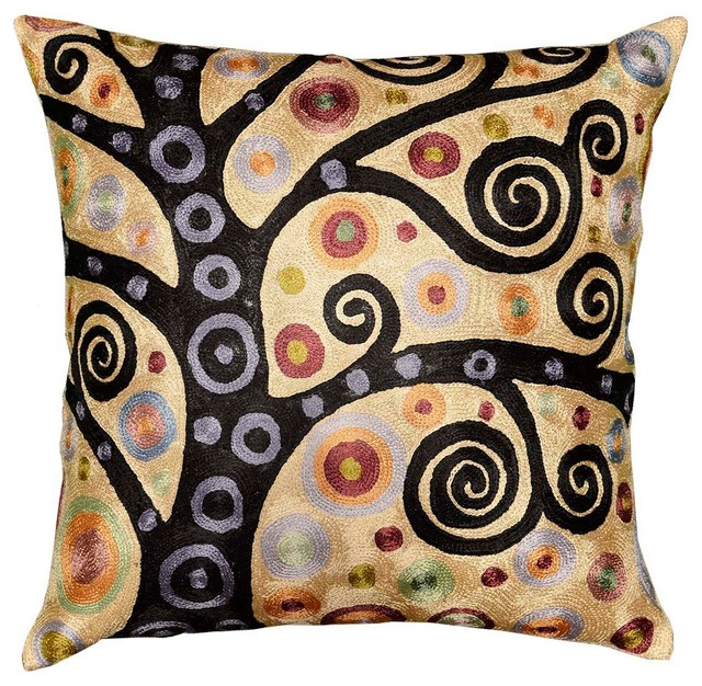 Klimt Gold Throw Pillow Soulful Tree Of Life Silk Hand Embroidered 18? X 18? - Modern ...