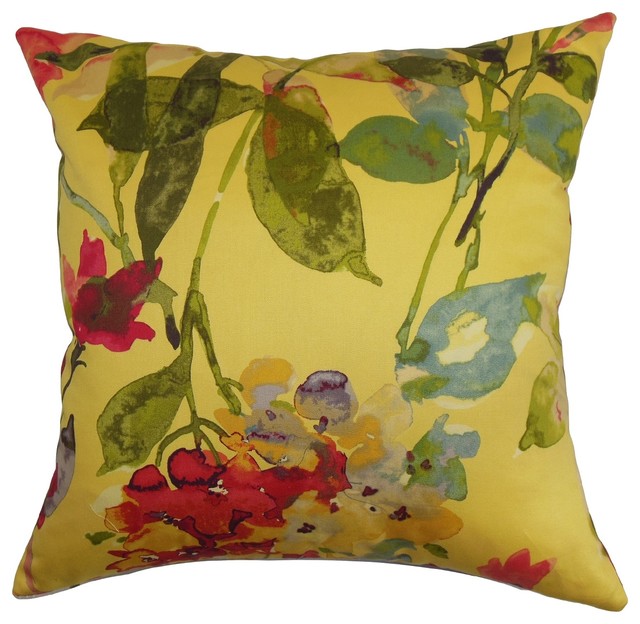 Naryany Floral Pillow Yellow 18"x18" Traditional Decorative Pillows