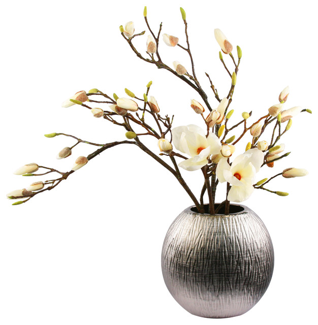 Woodlands Silk Floral Arrangement with White Magnolia's in a Titanium Vase Modern Artificial
