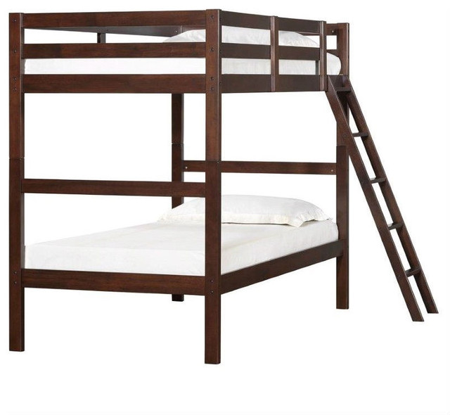 Sturdy TwinOverTwin Bunk Bed, Medium Brown Chestnut Wood Finish Contemporary Bunk Beds