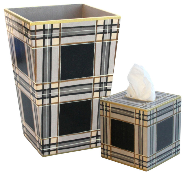 Allen G. Designs Stylish Plaid Design Wastebasket and Tissue Box Set Transitional