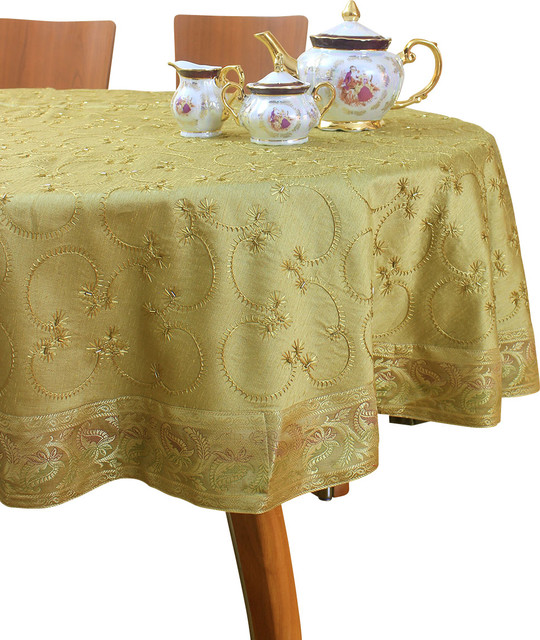 Hand Embroidered Round Tablecloth (Dark Gold, 85" Round) Traditional