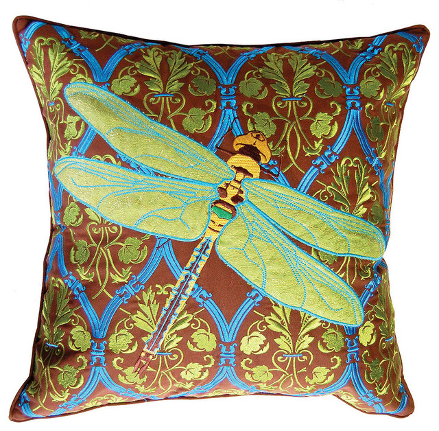 Embroidered Sunbrella Dragonfly Indoor/Outdoor Pillow Traditional