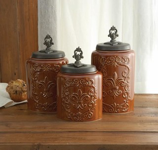 Antique Fleur De Lis Brown Canister Set - Rustic - Kitchen Canisters