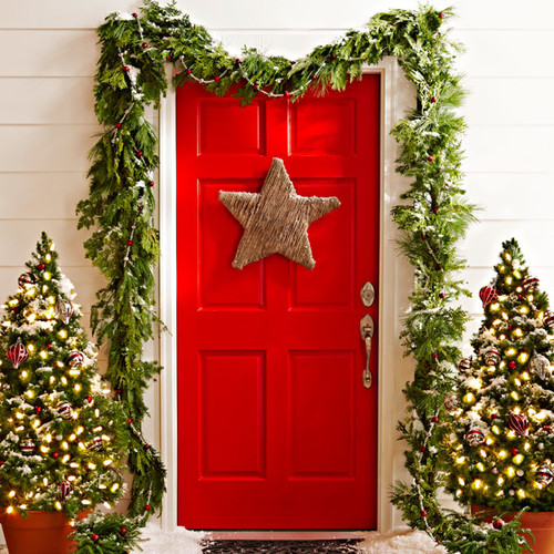 Bright red Christmas Front Door decorating idea 