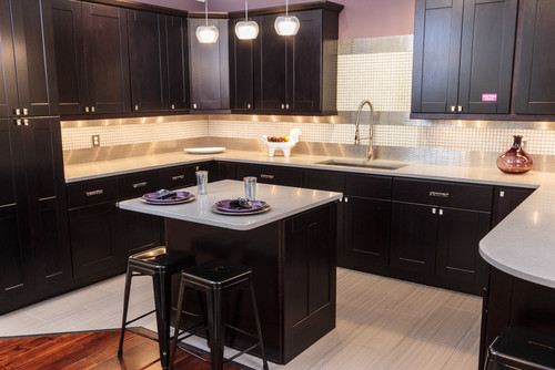 Dark Wood Cabinets Espresso Kitchen Cabinets Mosaic Tile Backsplash Flat Panel Cabinets Kitchen Cabinets Stainless Steel Appliances Solid Wood Marble Countertops Undermount Sink Multicolored Backsplash Dark Wood Design Ideas Cabinet Elegant Doors Styles Traditional