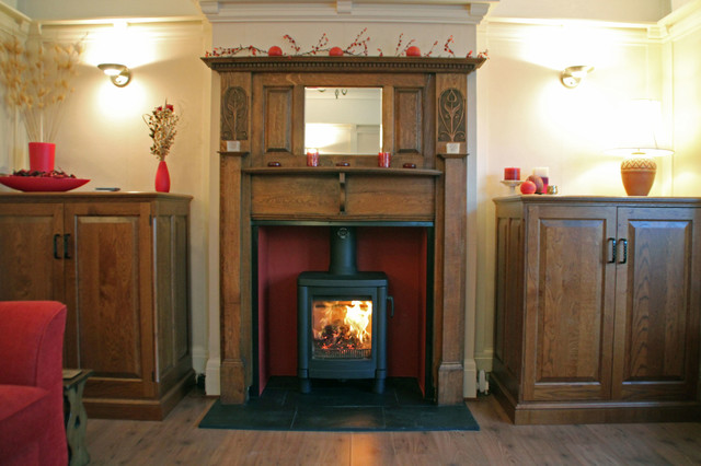 Simple Wood Burning Stove Mantel for Small Space