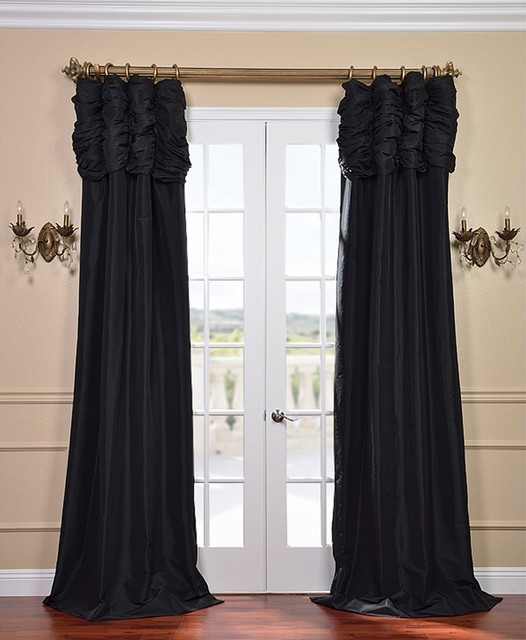 Jet Black Ruched Faux Solid Taffeta Curtain Contemporary Curtains