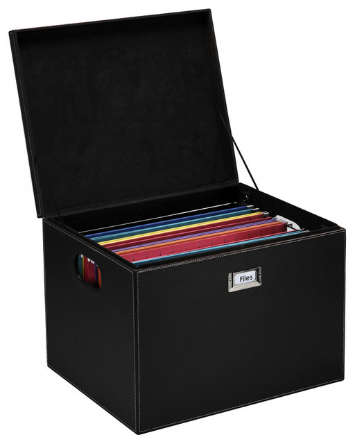Hanging File Box with Lid, Black Leatherette Contemporary Filing