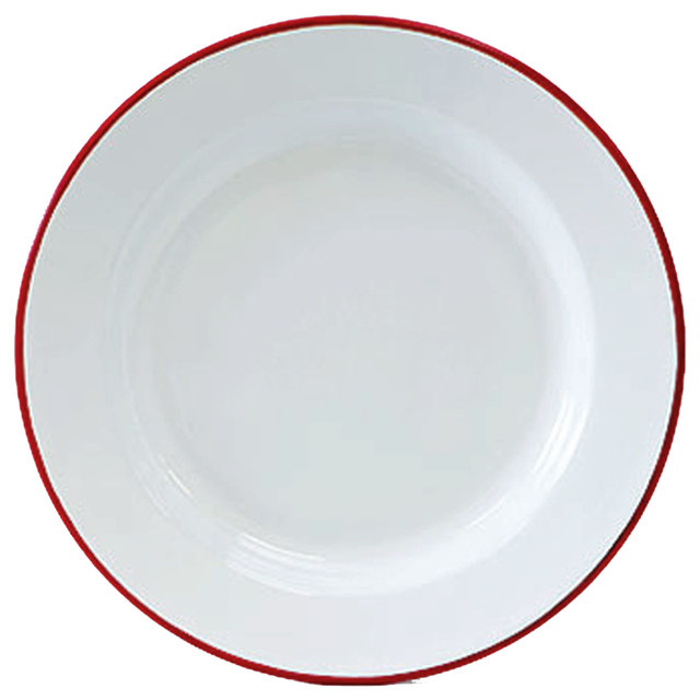 Enamelware Dinner Plates, Set of 4, Solid White With Red Rim - Rustic ...