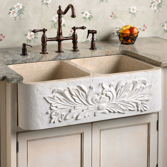33" Ivy DoubleBowl Polished Marble Farmhouse Sink Cream Egyptian Transitional Kitchen