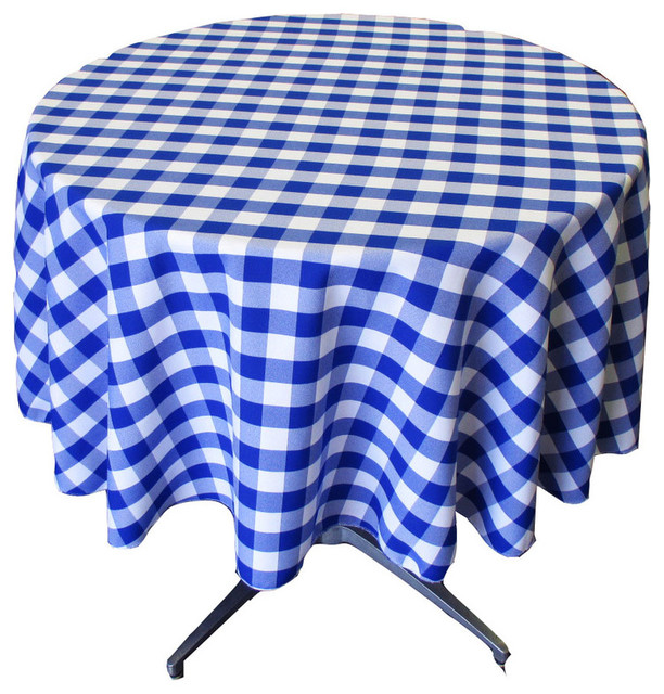 Round Gingham Checkered Tablecloth, White and Royal Blue, 58" Round