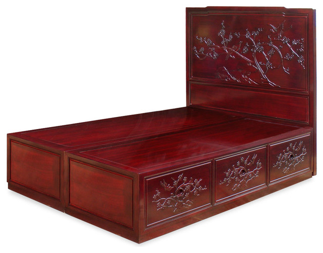 Rosewood Full Size Cherry Blossom Design Platform Bed w/ Drawers