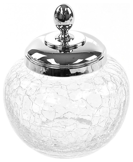 Round Crackled Crystal Glass Cotton Pads Jar Contemporary Bathroom