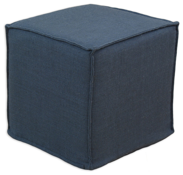 Burlap Square Seamed Foam Ottoman, Navy, 17" Transitional Outdoor
