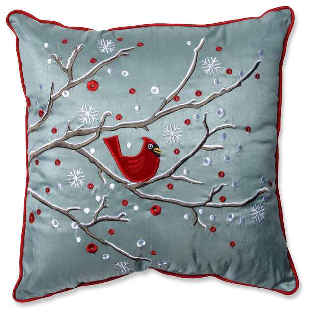 Holiday Cardinal on Snowy Branch Throw Pillow - Rustic - Decorative Pillows - by Pillow Perfect Inc