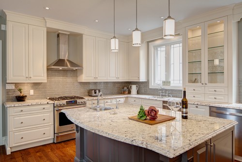 White Cabinetry White Granites Dramatic Veining Colonial White Icy White Spring Black Speckles