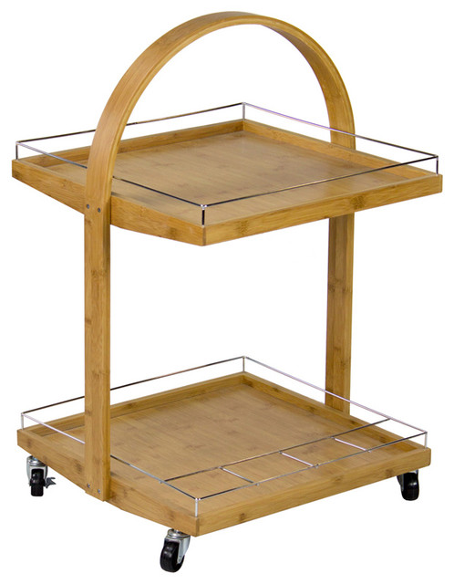 Rolling Serving Cart, Solid Wood Home Bar Cart With Handle With 2 Trays Portable Serving Trolley For Kitchen Dining Room Patio Teak
