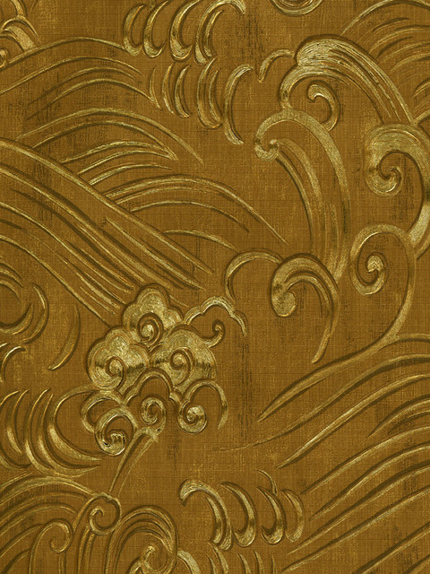 Chinoiserie Waves Wallpaper in Gold Foil by Brewster - Asian