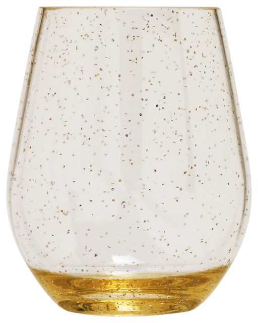 Tritan Sparkle Stemless Wine Glass, Set Of 4, Gold Wine Glasses by