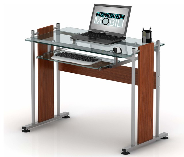 Techni Mobili GlassTop Computer Desk in Mahogany Modern Desks And
