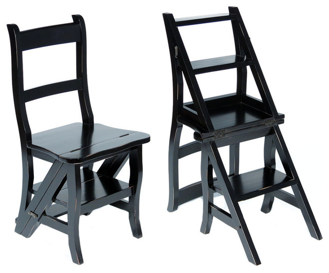 Solid Mahogany Distressed Black Convertible Ladder Chair Library Step