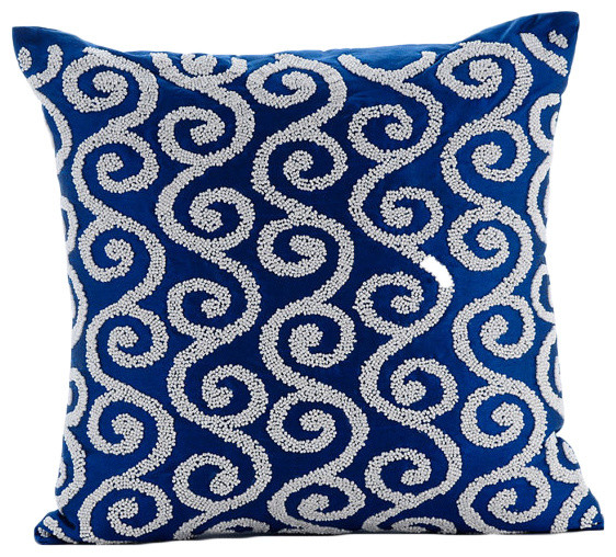 Beaded Spiral Scroll 16x16 Art Silk Royal Blue Pillow Covers, Around the World - Contemporary ...