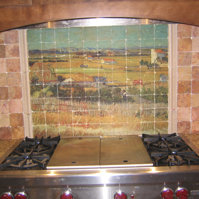 Van Gogh Marble Tile Mural in Rustic Kitchen Backsplash - Traditional