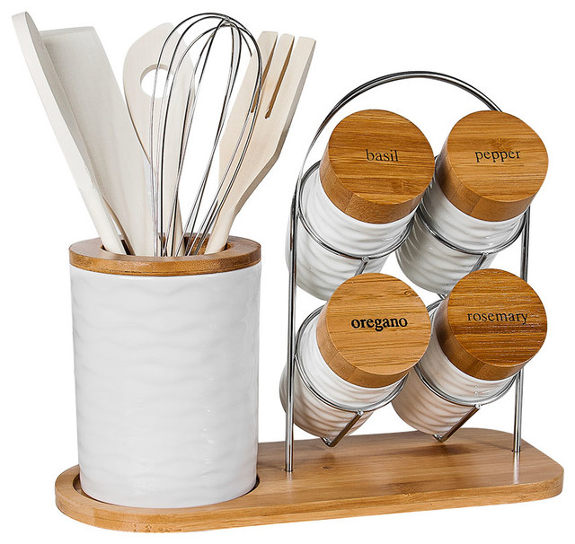 Porcelain Utensil Holder and Spice Rack With Jars and Utensils, 15