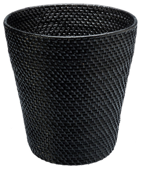 Round Rattan Waste Basket, Black Modern Wastebaskets Other by