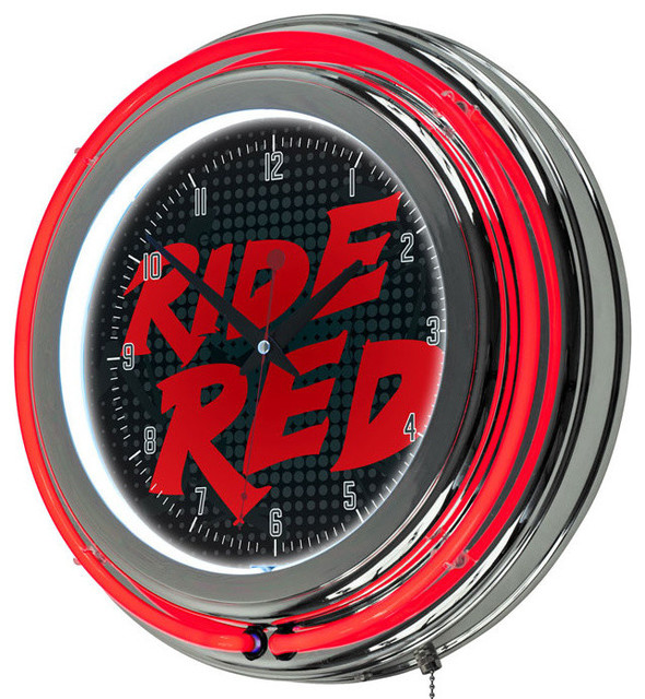 Honda Ride Red Chrome Double Ring Neon Clock Contemporary Wall