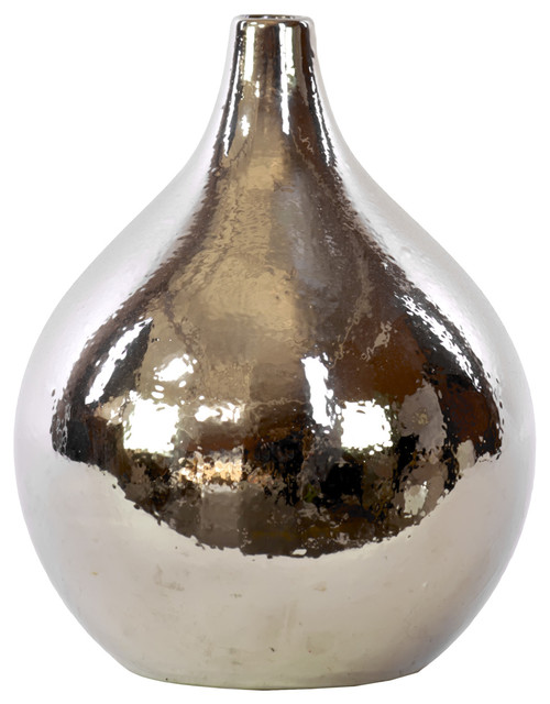 Chrome Silver Ceramic Round Vase, Large Contemporary Vases by