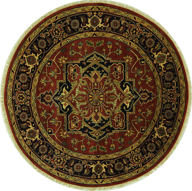 Hand Knotted Red/Navy Blue Border 6' Round Heriz Serapi Oriental Wool
