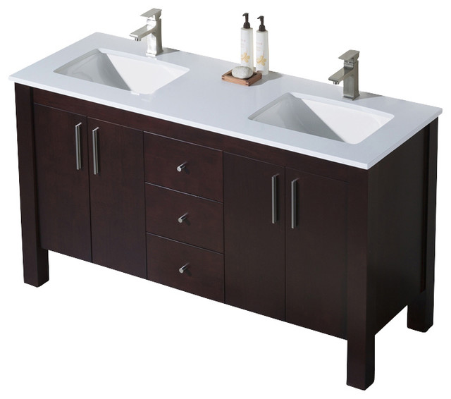 Parsons 60 Double Sink Vanity, Dark Walnut, Beige Sink, White Quartz