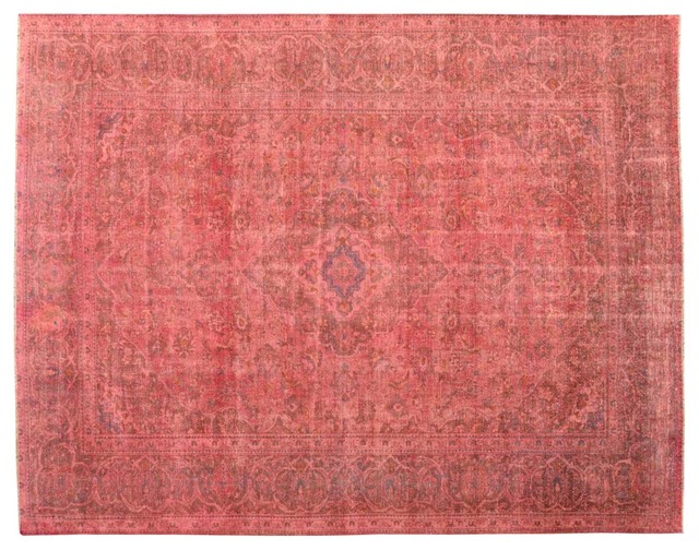 Overdyed Pink Old Persian Mashad Worn Hand Knotted 8'x11' Oriental Rug