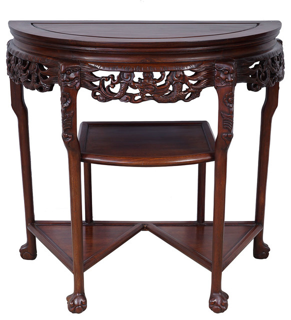 Consigned Antique, Chinese Carved Rosewood Half Moon Table Asian