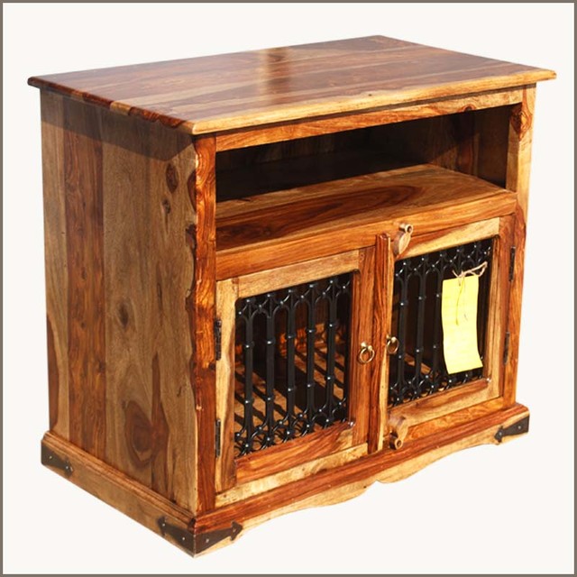 Transitional Solid Wood Rustic TV Stand Media Center w Wrought Iron