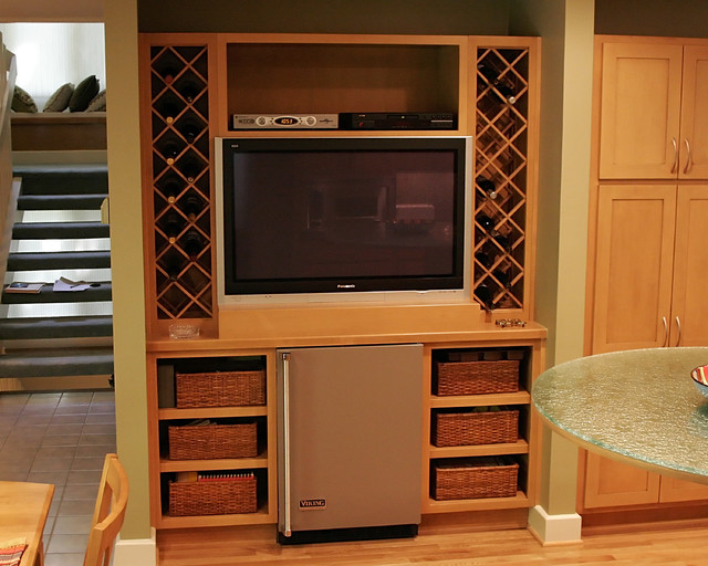 TV, Wine Rack, Mini Fridge in Kitchen Contemporary Kitchen