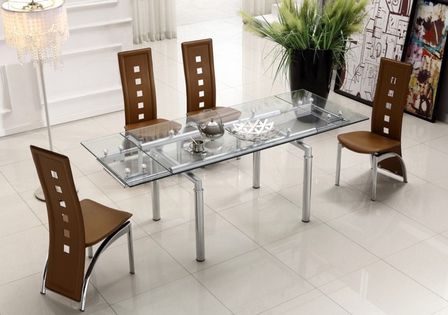 Extendable Clear Glass Top Leather Modern Dining Table ...