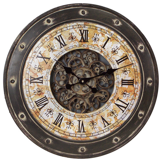 Exposed Gear Wall Mount Clock With Rivet Detail Wall Clocks by