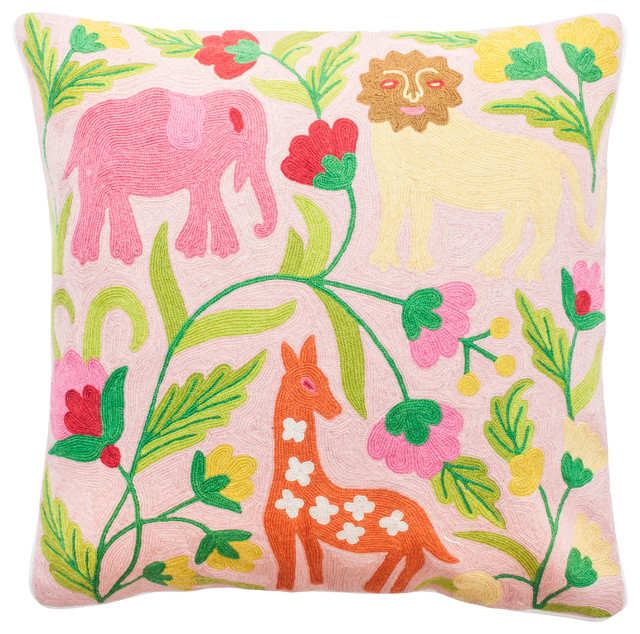 Crewel Embroidery Pillow with Pastel Jungle Design - Contemporary - Decorative Pillows - by ...