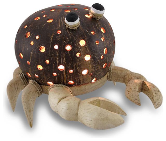 Recycled Coconut Shell and Wood Crab Night Light Accent Lamp Beach